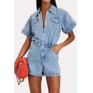 WeWoreWhat Blue Denim Short Sleeve Zipper Front Romper Women's Large
